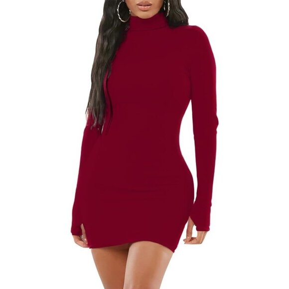 Dresses & Skirts - Women's Burgundy Mock Neck Cocktail Pencil Bodycon Long Sleeve Night Dresses